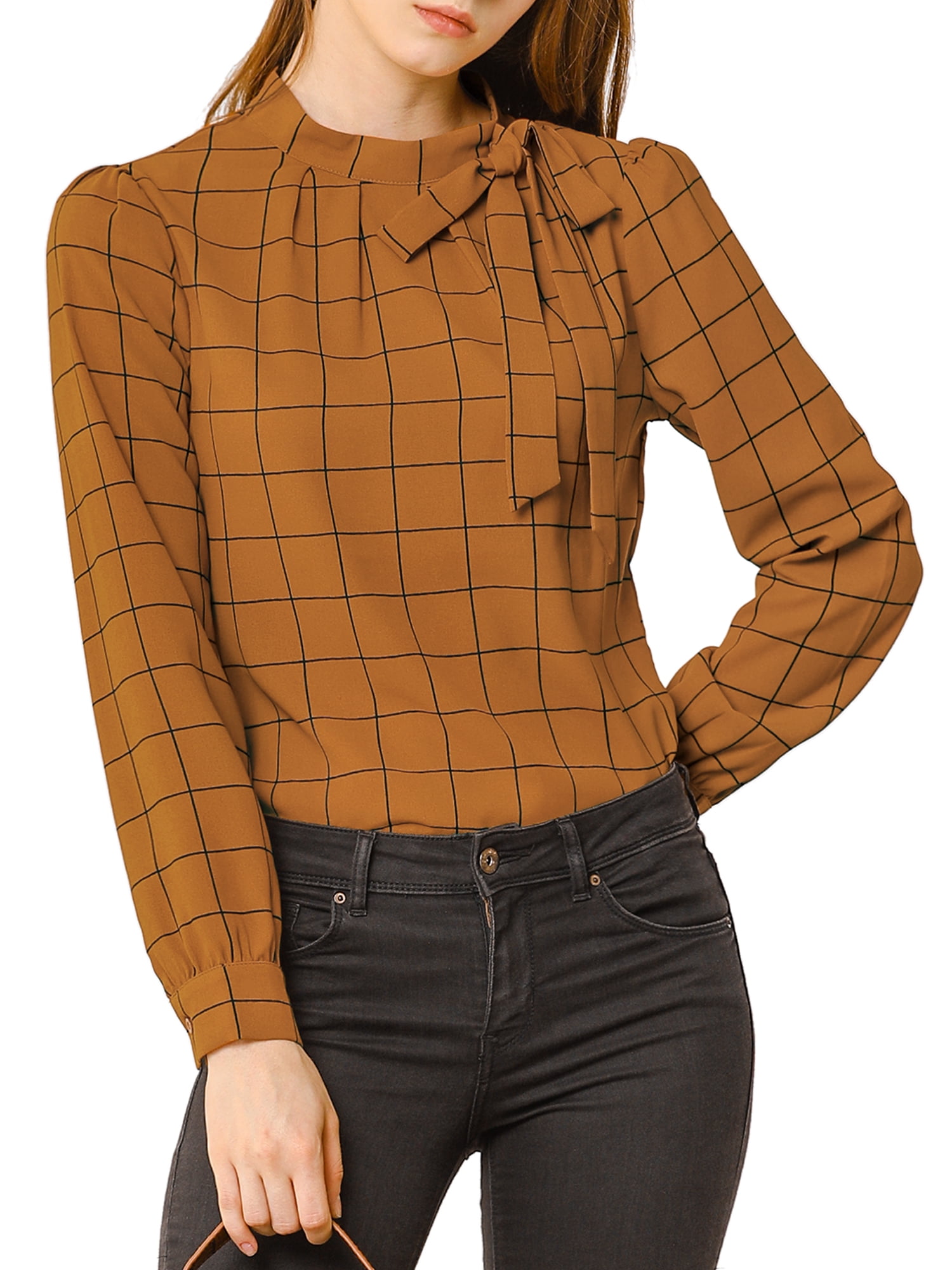 DARING DIVA Bow-Tie Neck Office Work Checks Shirt Top XL Brown