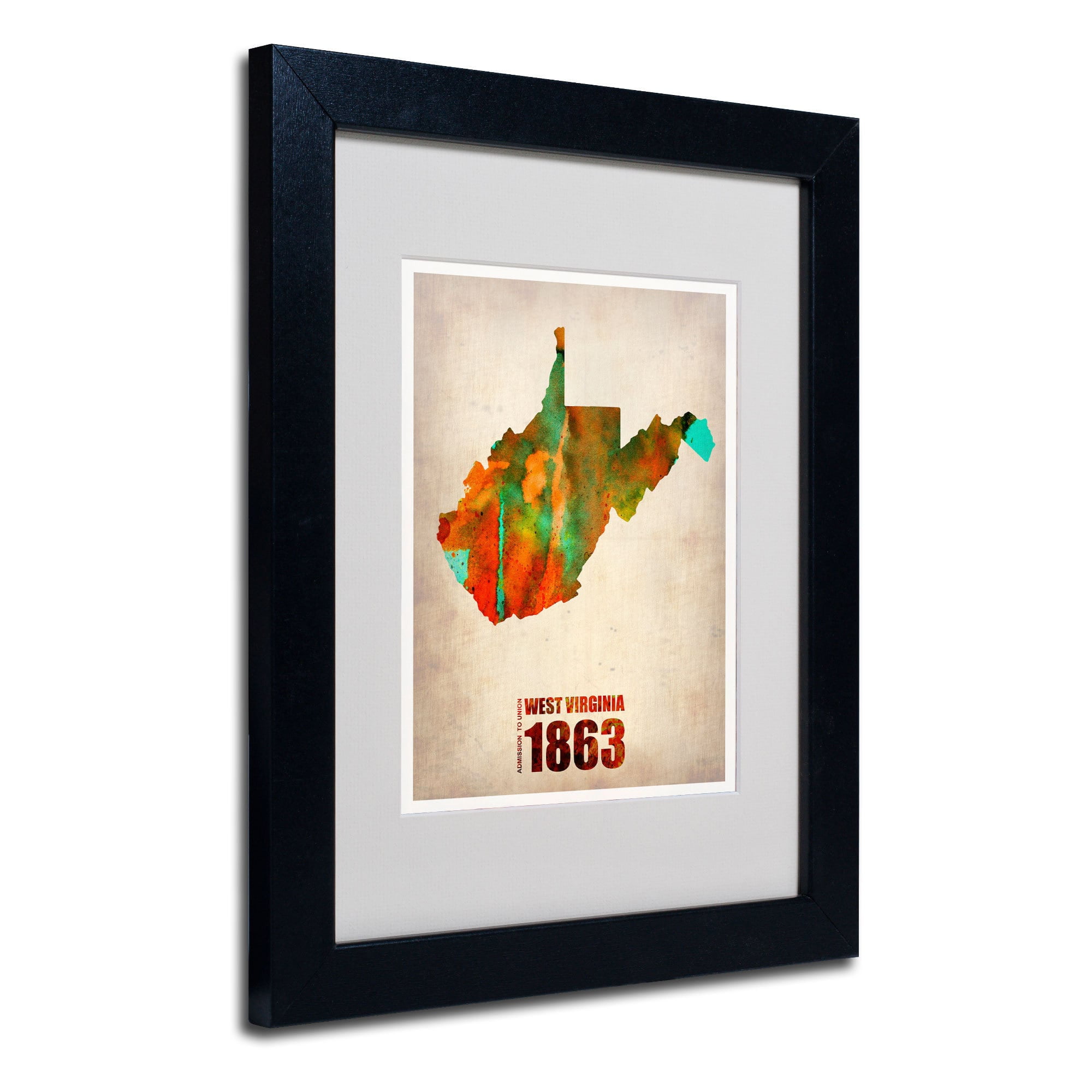 Trademark Fine Art "West Virginia Watercolor Map" Matted Framed Art by Naxart, Black Frame