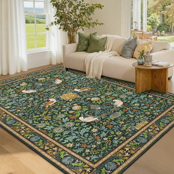 Hasoo 8' x 10' Area Rug for Living Room Washable Modern Floral Botanical Bird Non Shedding Neutral Indoor Decor Carpet, Green