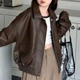 thumbnail image 4 of larppty Boys Girls Leather Jacket Teen Lapel Collar Zip up Biker Coats Trendy Oversized Lightweight Outerwear Tops for Kids (Coffee,15+ Years), 4 of 6
