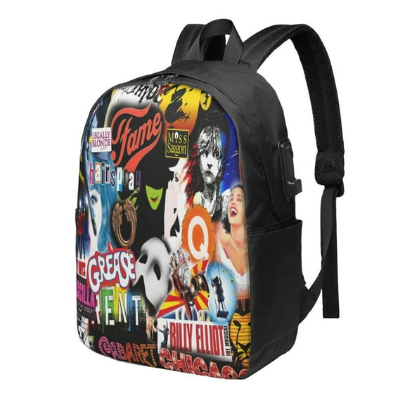 Broadway Musical Collage Backpack Fashion Travel Backpack Laptop Backpack 17 Inch External Usb Interface Headphone Line Interface