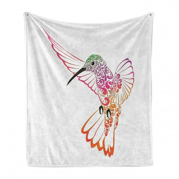 Hummingbird Soft Flannel Fleece Throw Blanket, Ornamental Colorful Zentangle Exotic Bird Animal Illustration, Cozy Plush for Indoor and Outdoor Use, 60" x 80", White and Multicolor, by Ambesonne
