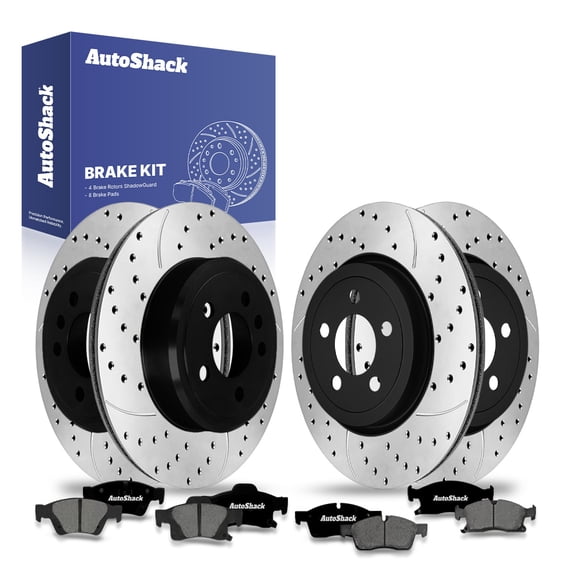 AutoShack Front & Rear Drilled & Slotted Brake Rotors Premium Ceramic Brake Pads | Replacement for Dodge Durango 2011-2017 Jeep Grand Cherokee AWD RWD | E-Coated | 12-PC Brake Kit | ShadowGuard