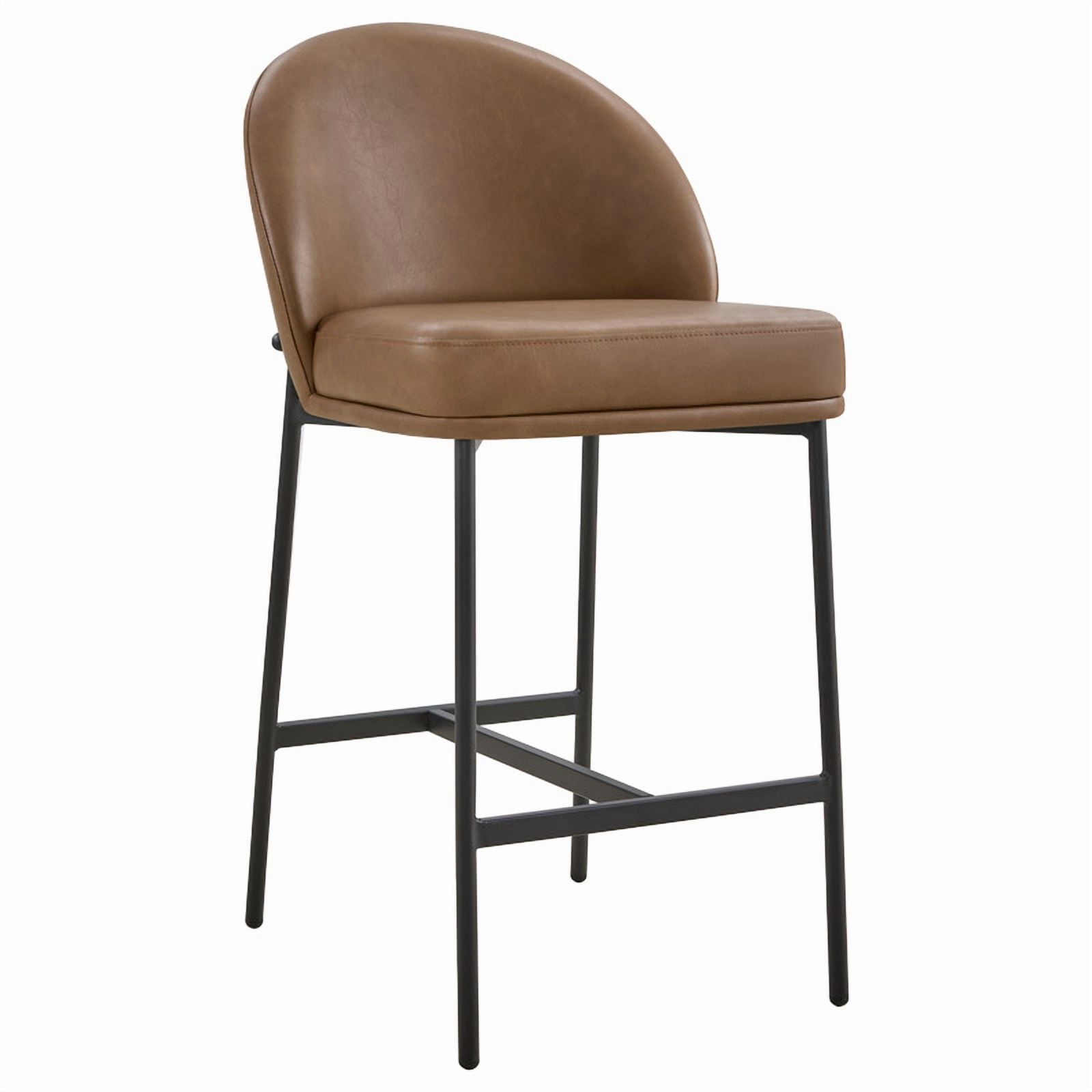 Spruce & Spring Modern Counter Bar Stool with Metal Arc Backrest and Upholstered Seat Set of 2, Saddle Brown with Black Legs