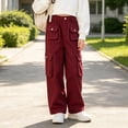 thumbnail image 4 of YunPes Girls Baggy Cargo Pants Multi Pocket Elastic Waist Wide Leg Pants Spring Fall Outdoor Casual Hiking Pants Kids Preppy Wear, 4 of 5