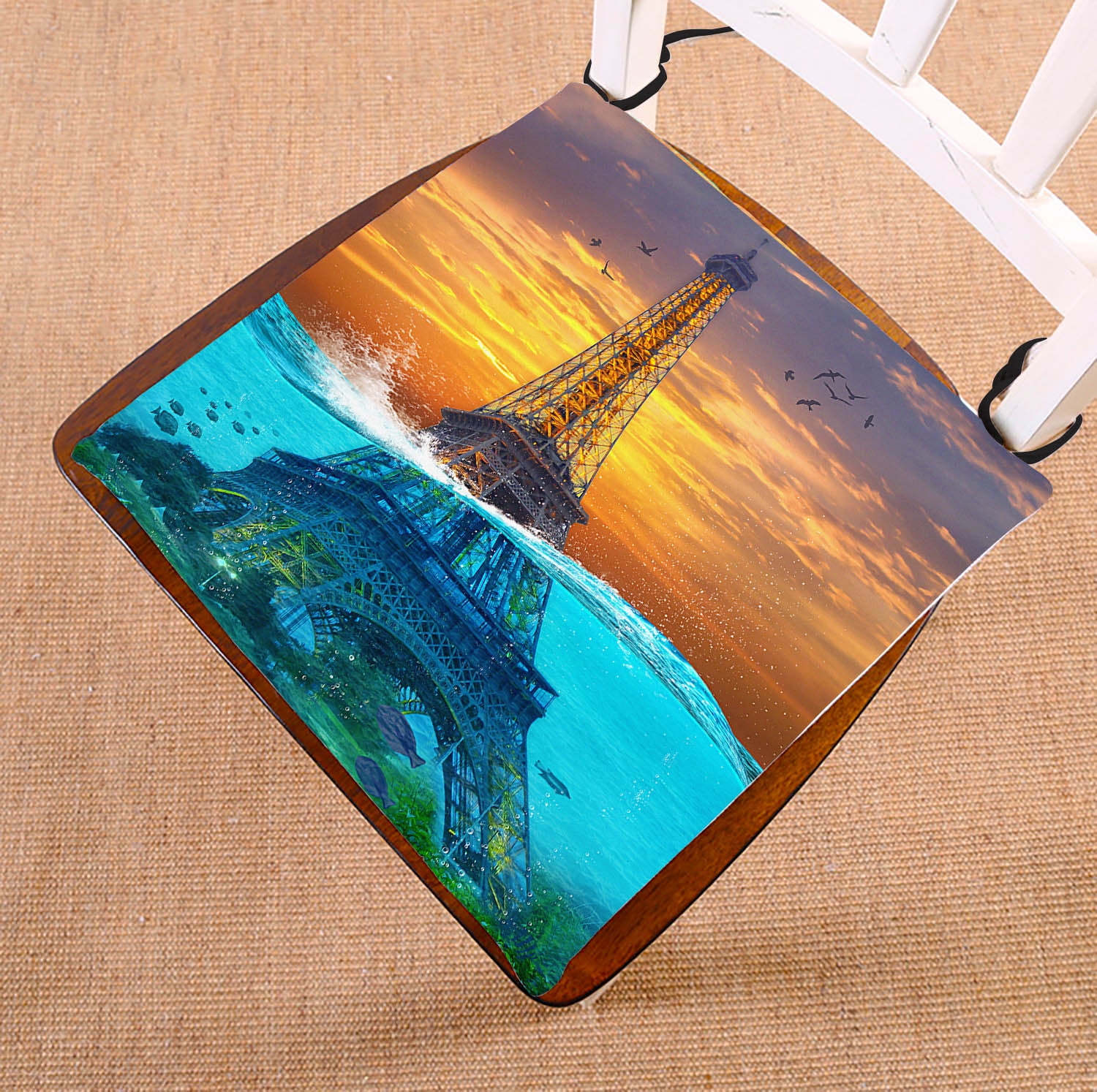 YKCG Sunset Sunk Eiffel Tower Underwater Blue Ocean Creatures Seat