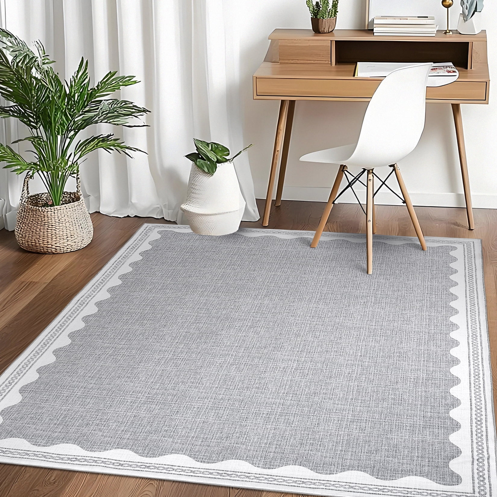 Tzou Modern Scalloped Border Washable Rugs 8' x 10', Non-Slip Low Pile Area Rug for Living Room, Machine Washable Stain Resistant Carpet