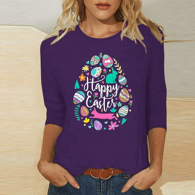 EGNMCR Easter Print Shirt Graphic Tees For Women Women'S Shirts Mode Femme Décontractée Noël Imprimé Col Rond Blouse Imprimée Manches 3/4 T-Shirt Blouses Women Tshirts