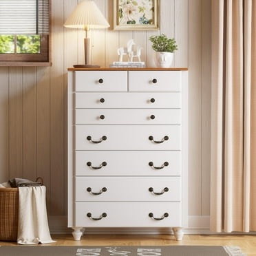 CABINAHOME Chest of Drawers for Bedroom, Tall Chest of Drawers, Drawers Dresser Chests for Bedroom, Dressers Organizer for Living Room, with 4 Solid Wood Feet & Column Decor, White