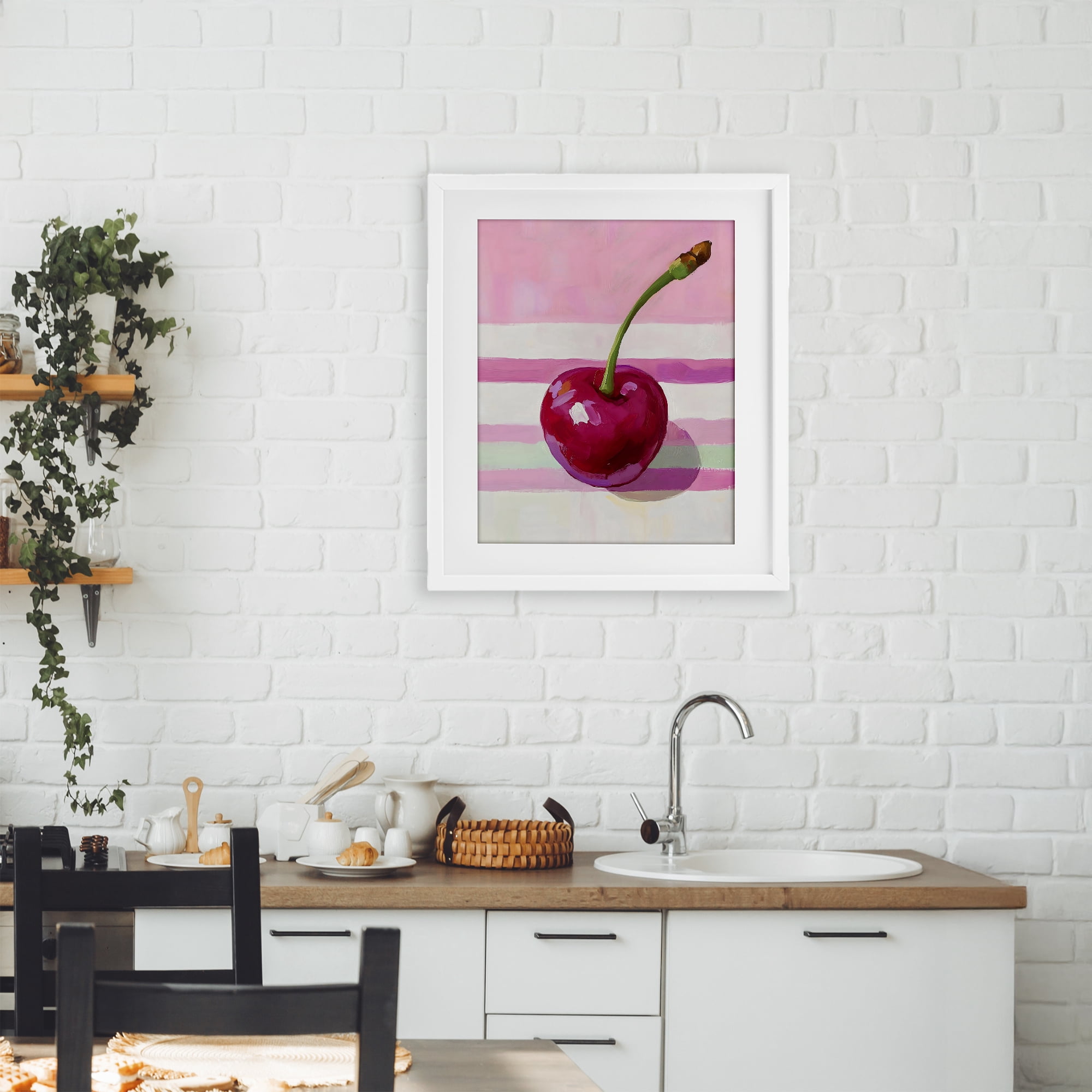 Stupell Industries Cherry on Pink Stripes White Framed Print Under Glass, design by The Prints Vibe