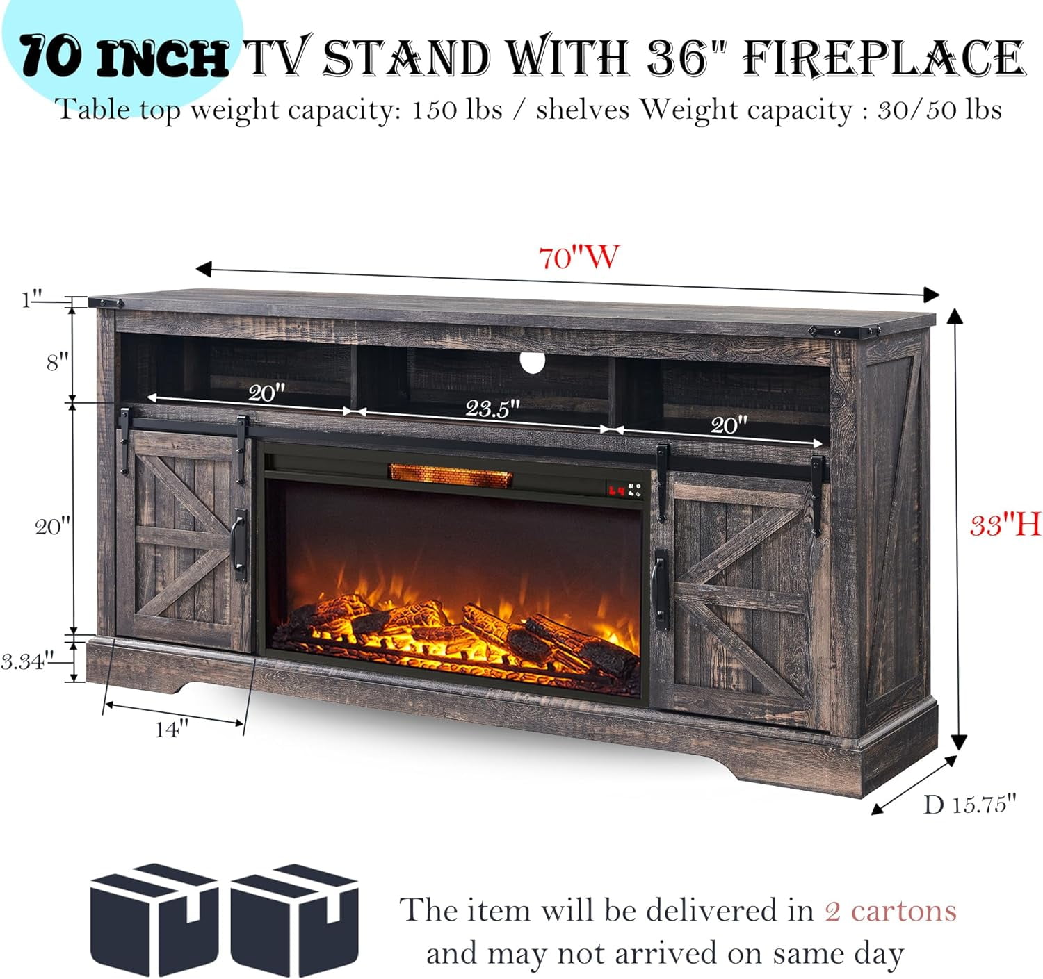 OKD Farmhouse Fireplace TV Stand for 80" TV, Highboy Entertainment Center with 36" Electric Fireplace, Media Console with Sliding Barn Door for Living Room, Dark Rustic Oak