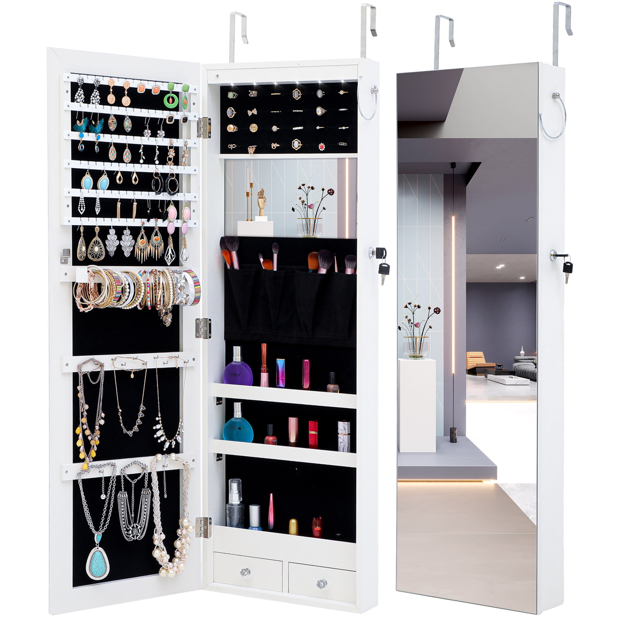 LUXFURNI Mirror Jewelry Cabinet 6 LED Lights Wall-Mount/Door-Hanging Armoire Full Screen Mirror Large Storage Organizer Lockable
