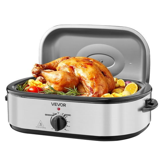 VEVOR Roaster Oven, 18QT Electric Roaster Oven, 150-450℉ Adjustable Temperature Electric Roasting Pan with Self-Basting Lid, Cool-Touch Handle, Defrost & Warm Function, Stainless Steel Turkey Ovens