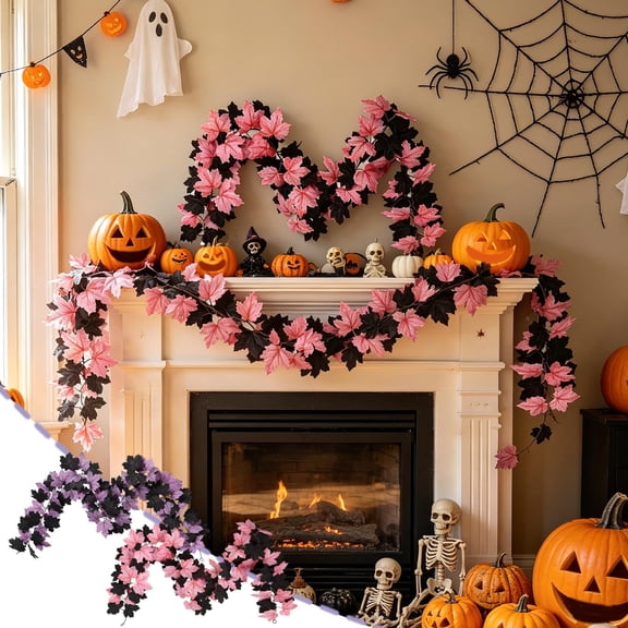 Chmadoxn Pastel Halloween Decor Pink & Purple Artificial Maple Leaf Garland, 66.9" Faux Hanging Vine Foliage for Fireplace Mantel Table Centerpiece Indoor Home Decoration