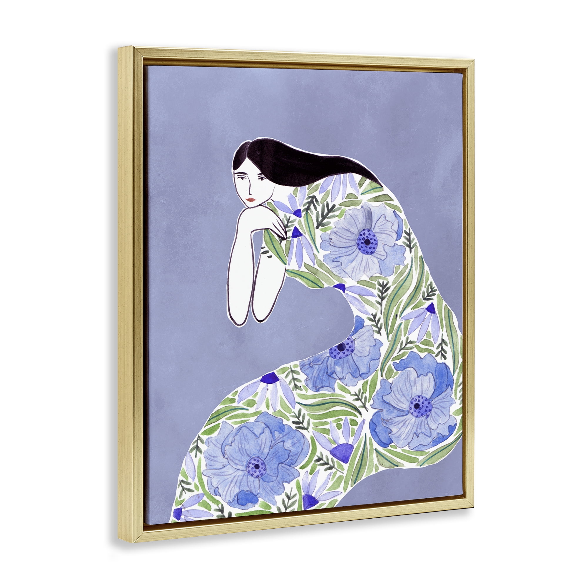 Stupell Industries Blue Floral Dress People Painting Gold Floater Framed Canvas Art Print Wall Art, 17 x 21