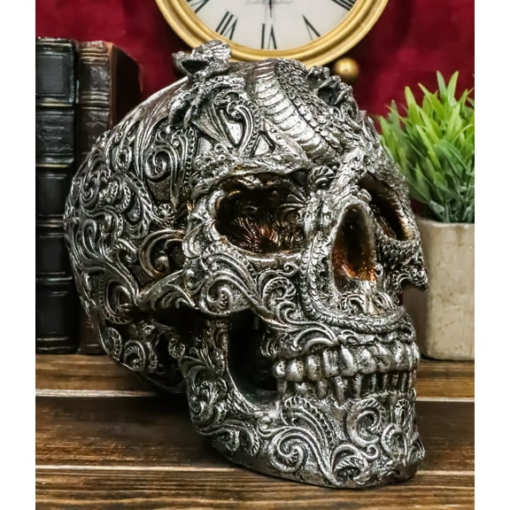 Flying Dragon On Tribal Le Fleur Floral Tattoo Skull Statue Halloween 7.5"L