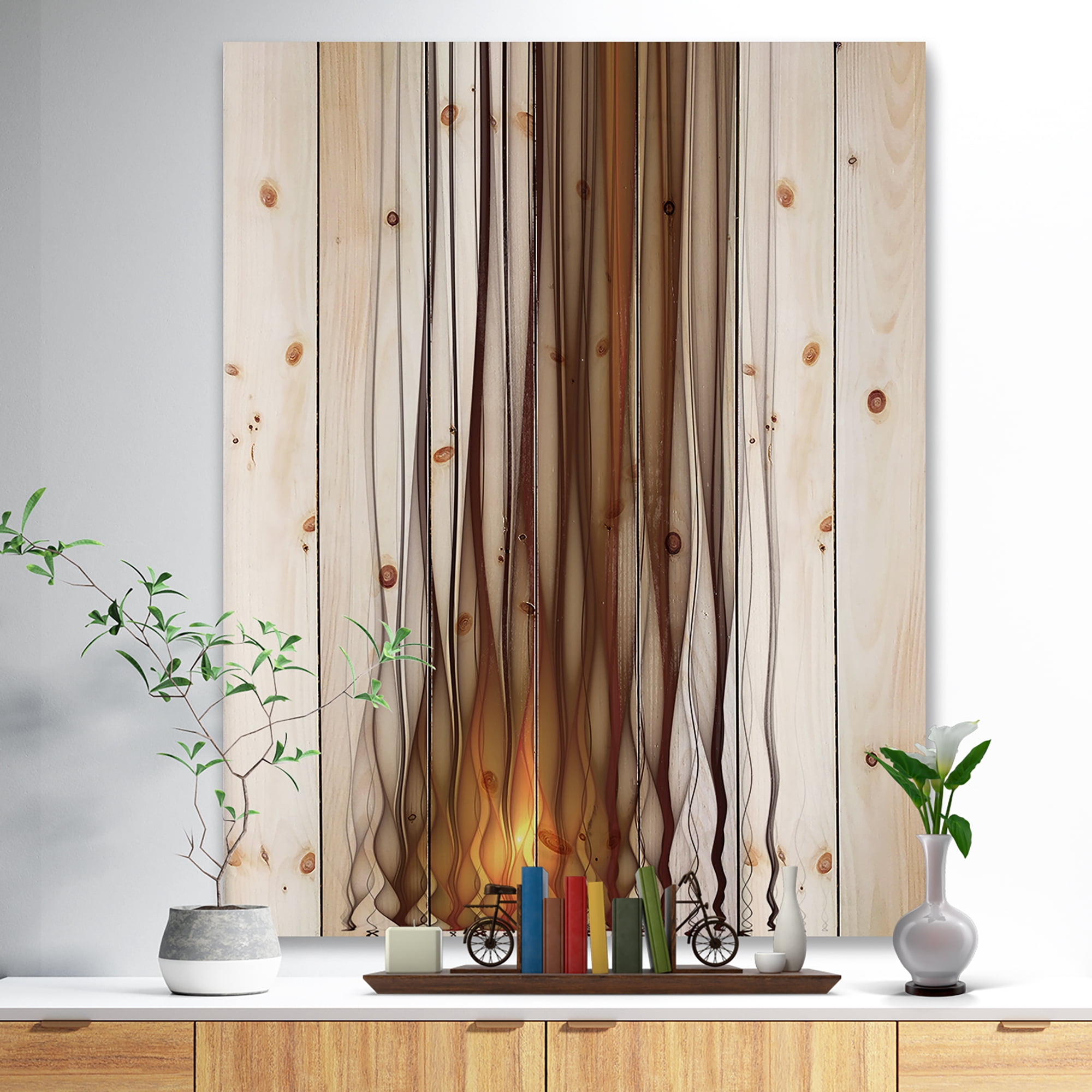 Designart 'Yellow Fractal Flames Pattern' Abstract Print on Natural Pine Wood