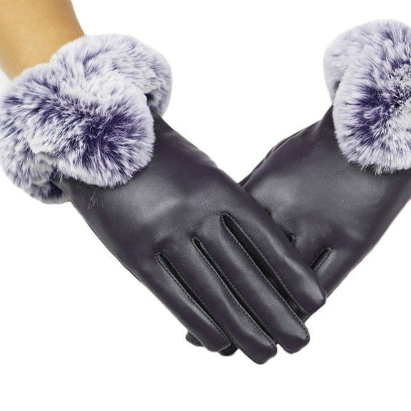 Fimkaul Womens Gloves Lady Black Leather Fall Warm Rabbit Mittens Winter Gloves