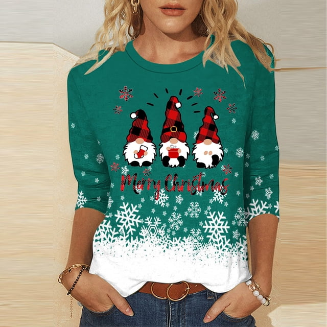 Fiudx Ofertas Flash Del Día Camiseta con Estampado Navideño a La Moda para Mujer, Blusa con Mangas 3/4, Tops Informales con Cuello Redondo