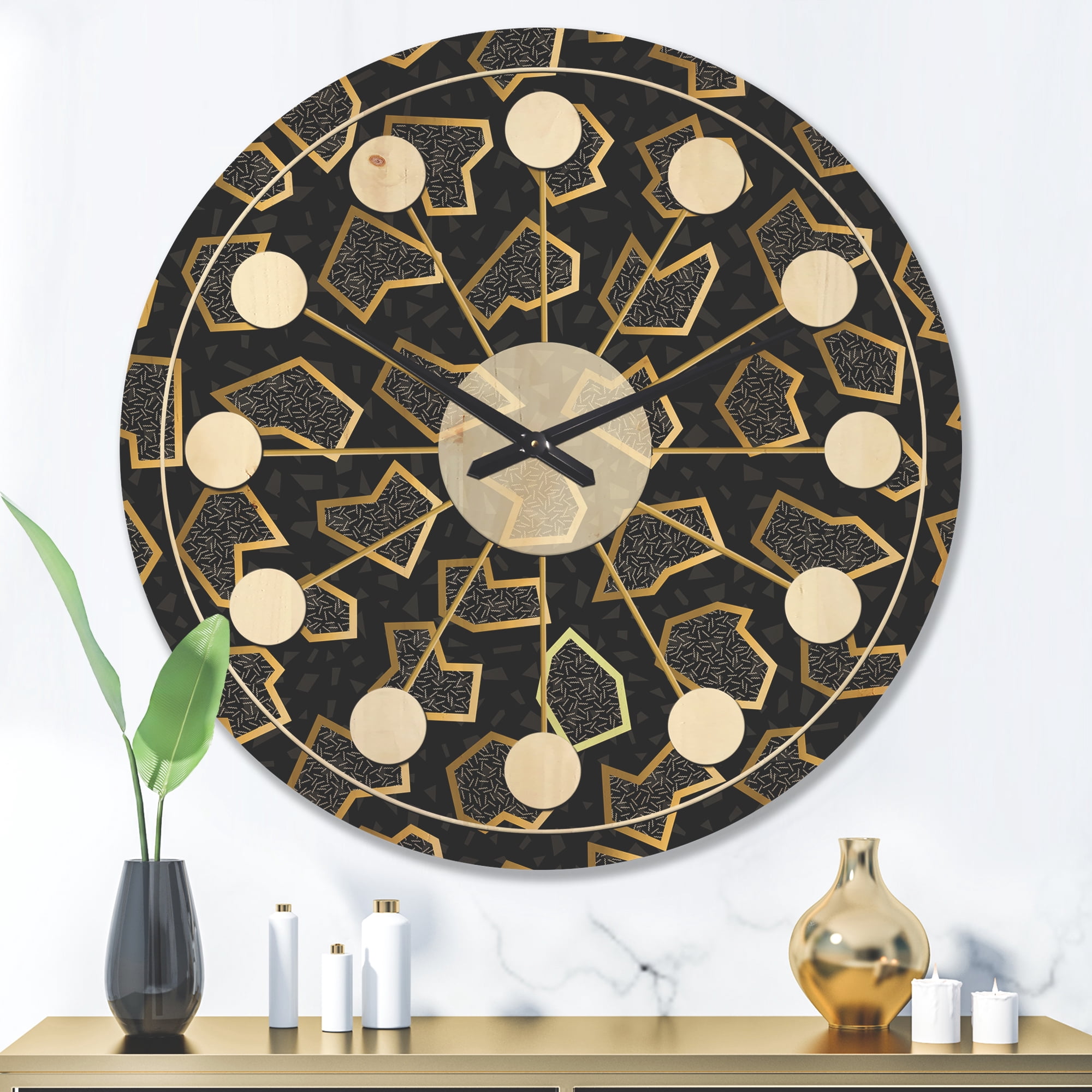 Designart 'Gold Shapes Retro Pattern' Mid-Century Modern Wood Wall Clock