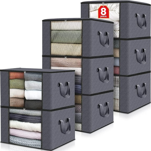 8 Pack Clothes Storage, Foldable Blanket Storage Bags, Storage Containers for Organizing Bedroom, Closet, Clothing, Comforter, Organization and Storage with Lids and Handle (Grey)