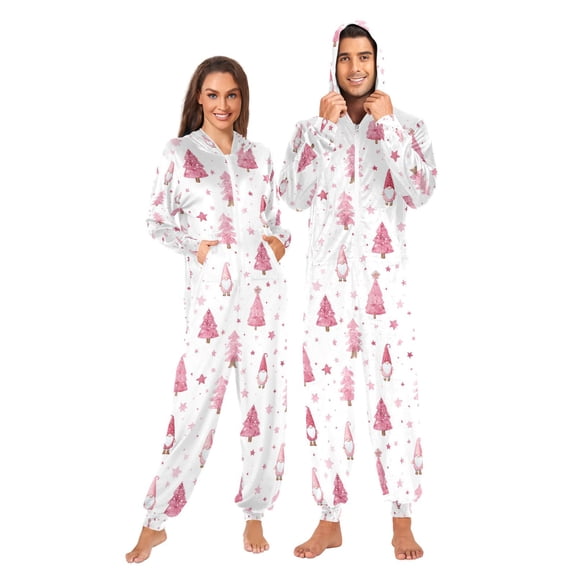 Adult Christmas Onesie Cute Cartoon Pink Zipper One-Piece Pajamas Unisex with Pockets