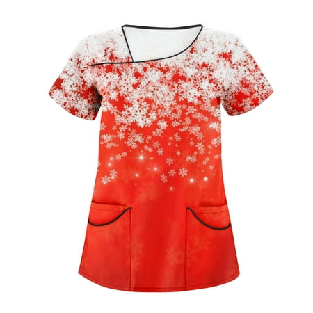 

Ovticza Christmas Scrub Tops for Women Plus Size Snowflake with Pockets Short Sleeve Nursing V Neck Xmas Soft Holiday Christmas Scrubs for Women Joggers Red 2XL