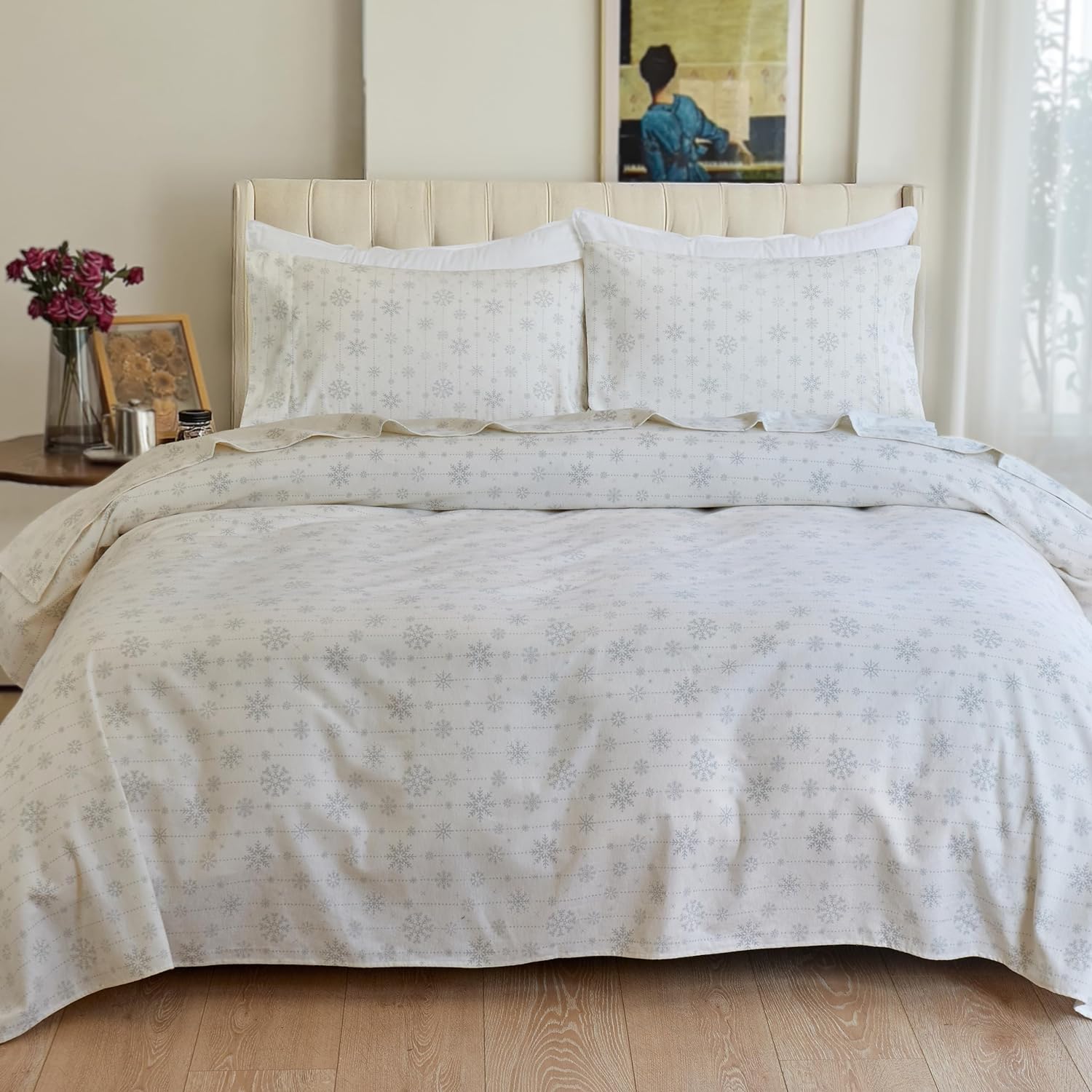 Elegant Comfort Soft 4-Piece Cotton Flannel Sheet Set -Deep Pocket Fitted Sheet, Flannel Sheets - Queen, Snowflake Gray