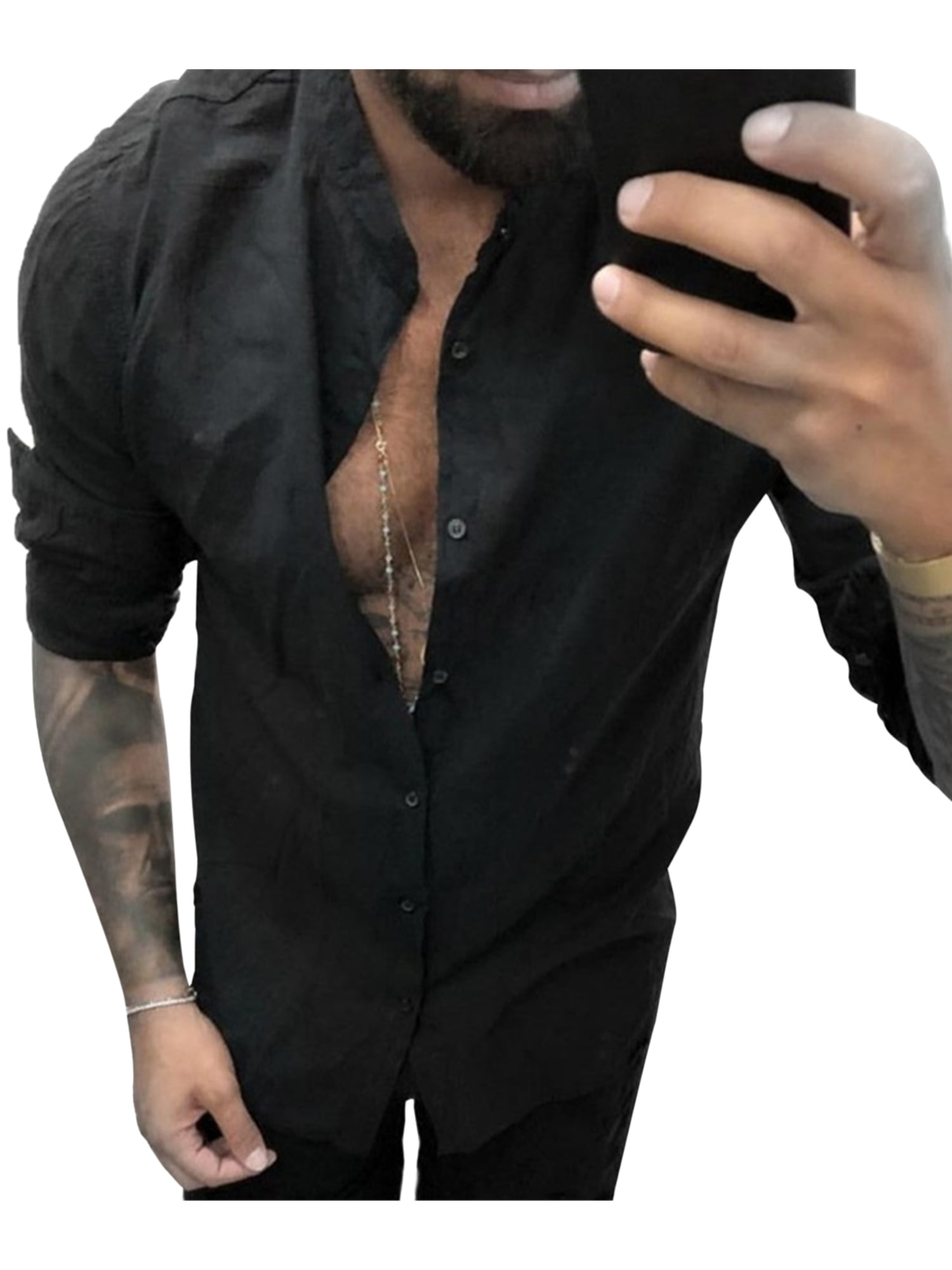 Generic Mens Casual Linen Long Sleeve Shirt Loose Button Down Shirts Tops 