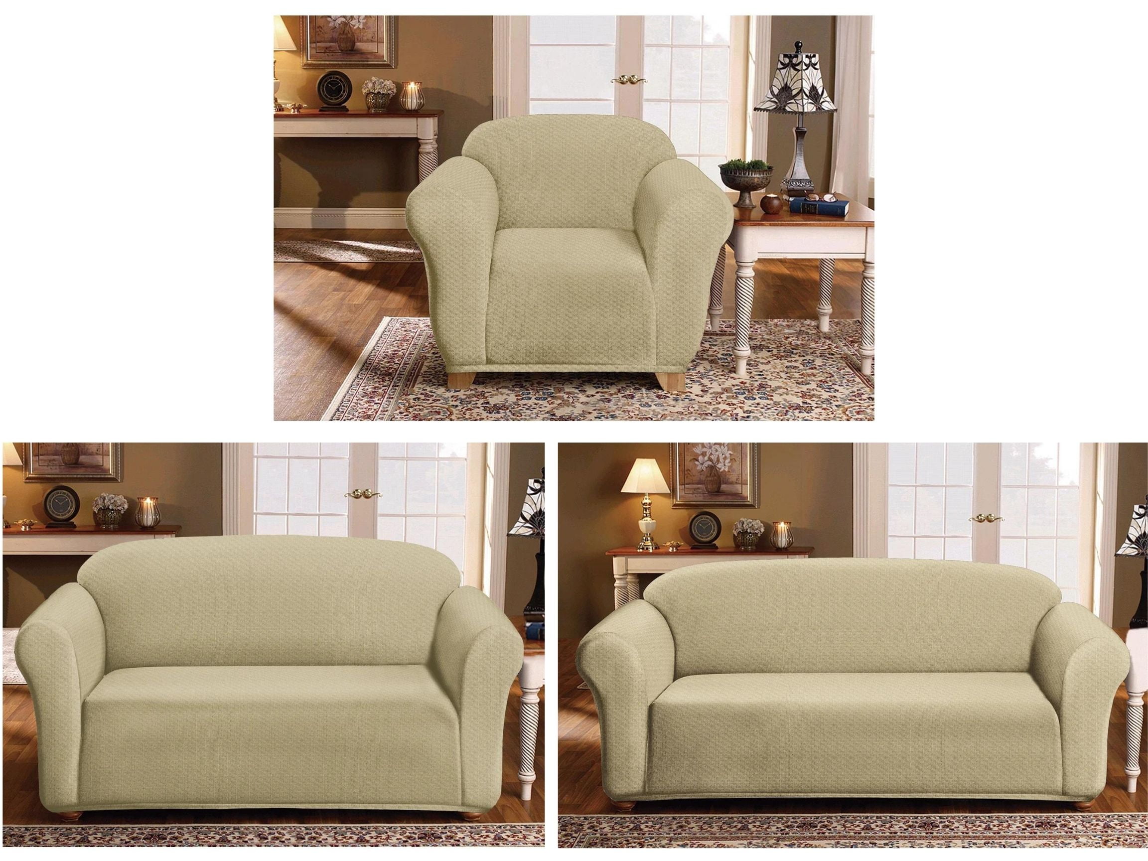 Milan Furniture Slipcover Fitted Protector Couch Cover Jacquard Soft Stretch Non Slip Fabric, Arm Chair, Sand
