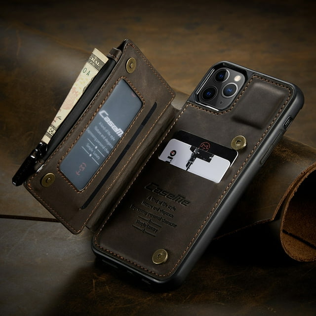 CaseMe Back case Card Slot Retro Matte Synthetic Leather Wallet Zipper Stand Cover for iPhone 12 Pro (Brown)
