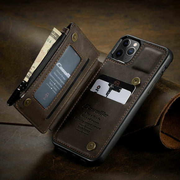 CaseMe Back case Card Slot Retro Matte Synthetic Leather Wallet Zipper Stand Cover for iPhone 12 Pro (Brown)