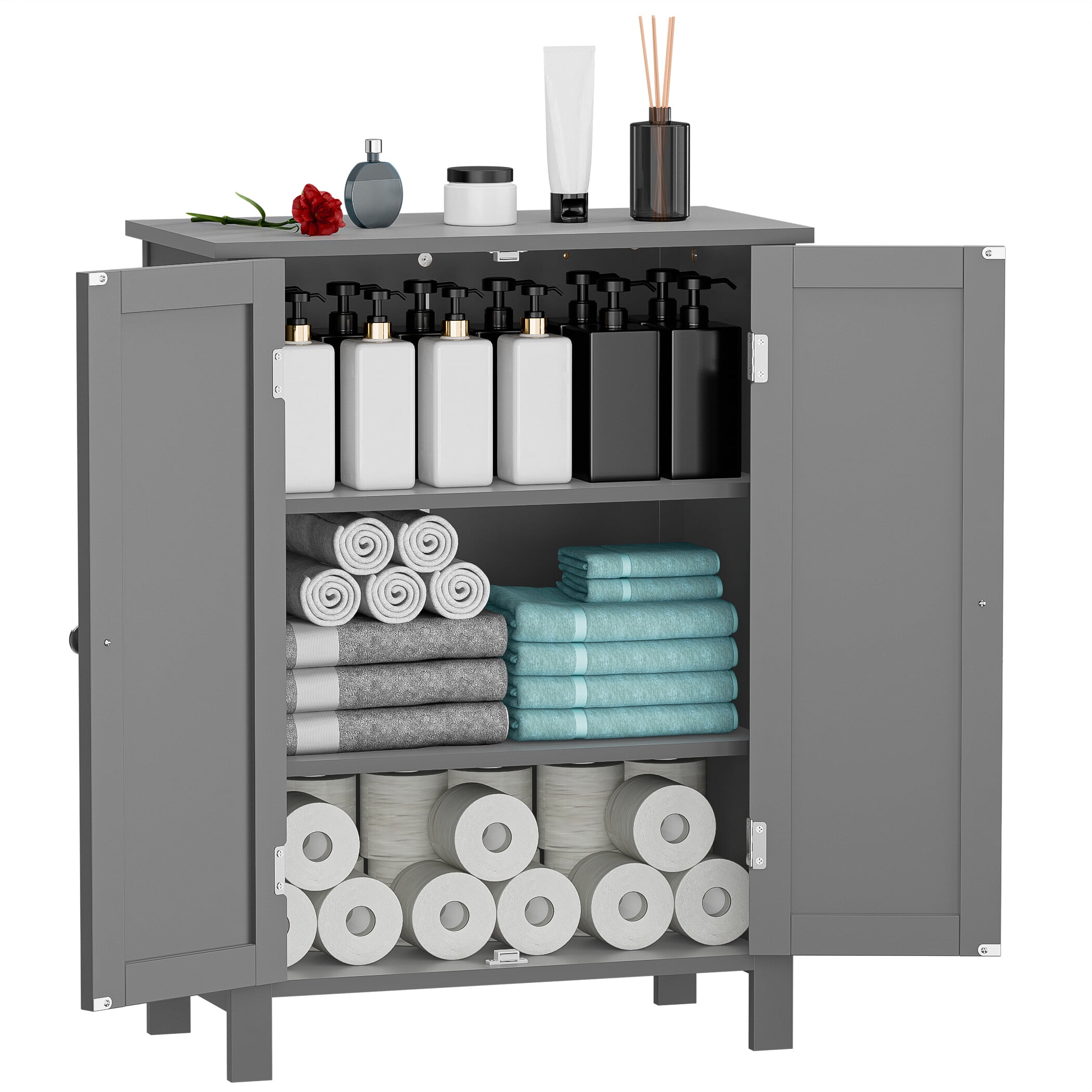SuperDeal Bathroom Cabinet Floor Storage Organizer Cabinet Freestanding Cupboard Adjustable Shelves, Grqy