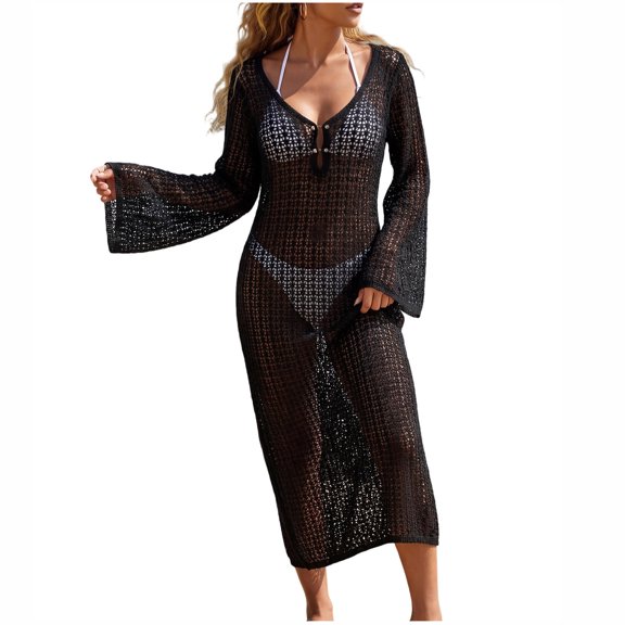 CHUMUD Beach Cover Ups for Women Mesh Knit V-Neck Long Flare Sleeve Swim Cover-Up Dress Vacation