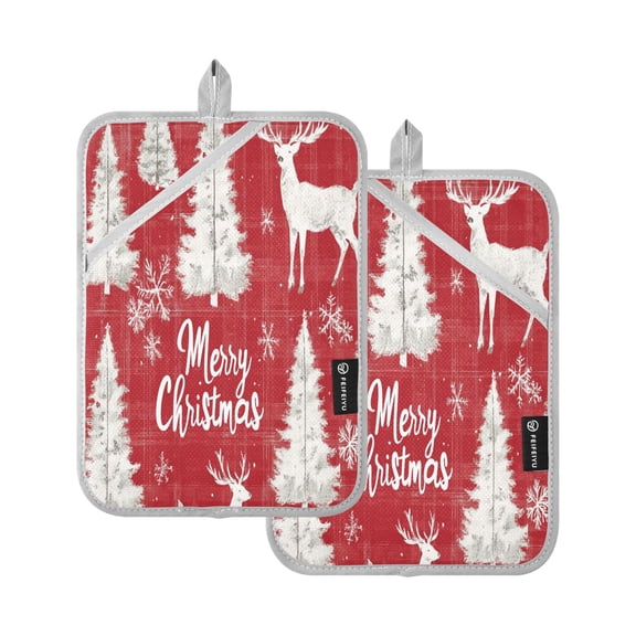 BZSMCE Pot Holder Oven Mitts Cooking baking Red Plaid Pattern with Reindeer Creative Pattern Size:7x9.8in