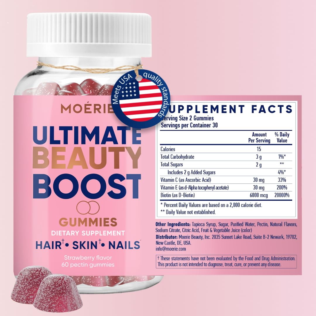 Moerie Hair Skin and Nails Gummies for Women & Men - Biotin for Hair Loss, Gummy Vitamins & Growth Dietary Supplements - Sugarbear for Thicker Hair - Allergen Free - 120 per serving - Balanced Diet