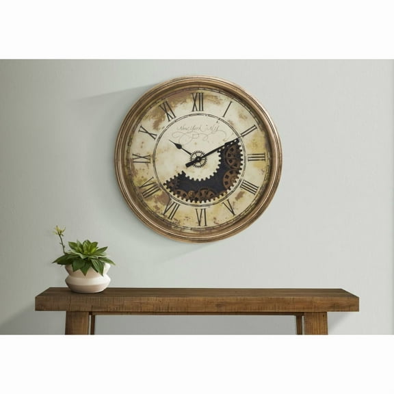 Clocks, 30" Round, Gear Mechanism, Large Oversized, Wall Clock, Antique Gold, Transitional