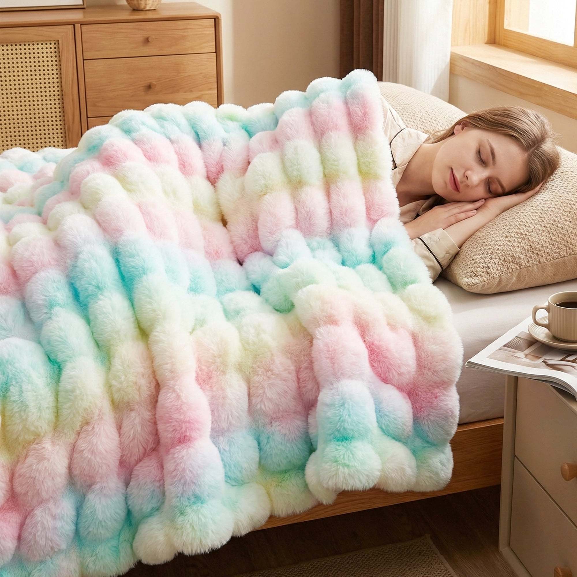 JONIYEAR Soft Decorative Colorful Bubble Faux Rabbit Fur Throw Blanket 50" x 60", Extra Thick Textured Warm Fluffy Blanket,Luxury Shaggy Cute Cozy Fuzzy Furry Lap Blanket for Couch Women Girl,Rainbow
