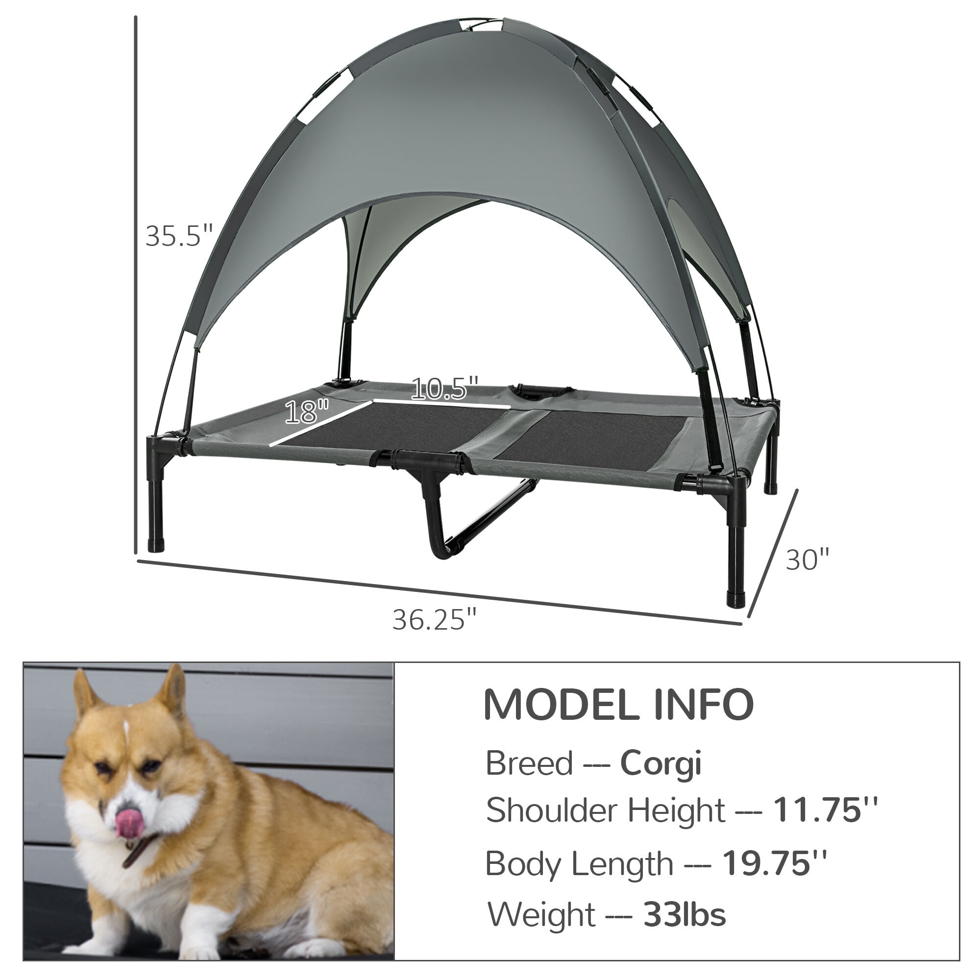 Orthopedic Dog Bed, PawHut Elevated Portable Dog Cot Pet Bed with UV Protection Canopy Shade, 36 inch, Gray, Gray Dog Bed,Metal Cat Bed, Pet Supplies Pet Beds & Furniture