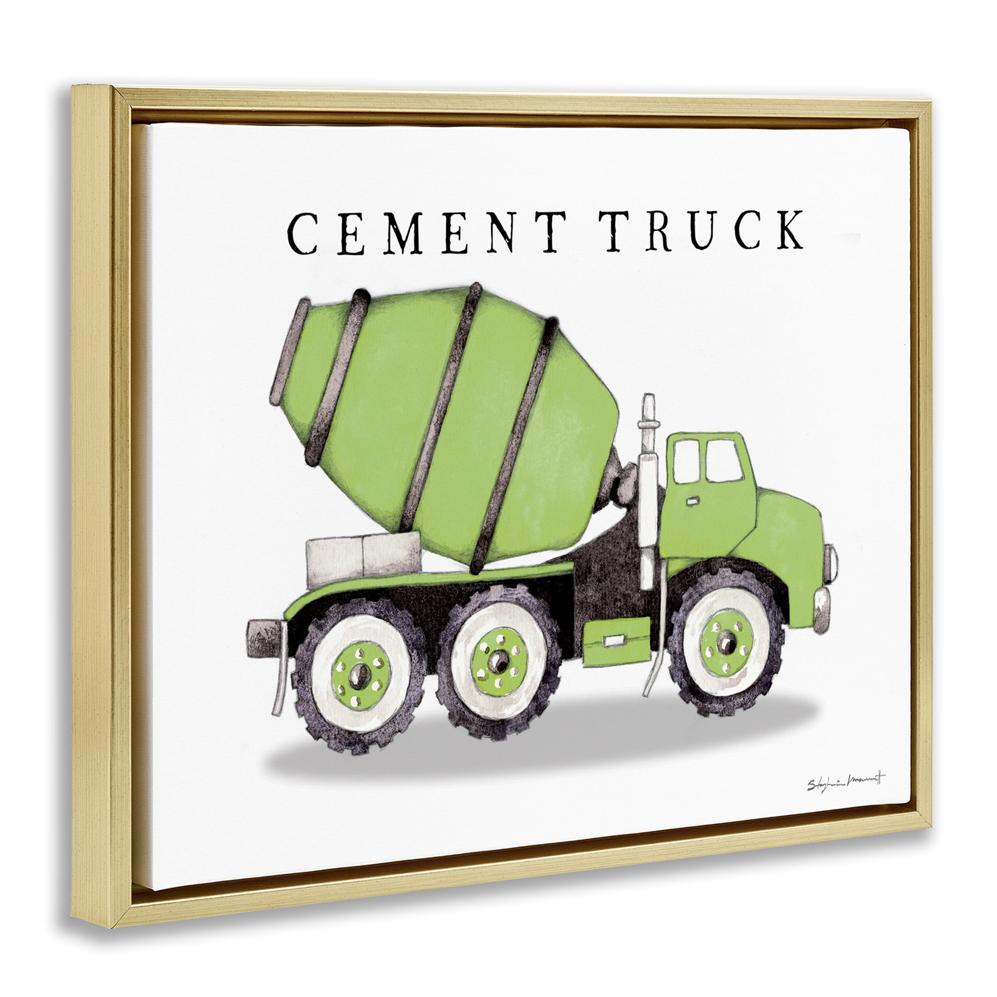 Stupell Industries Green Cement Truck Construction Art for Kids Painting Gold Floater Framed Canvas Art Print Wall Art, 21 x 17