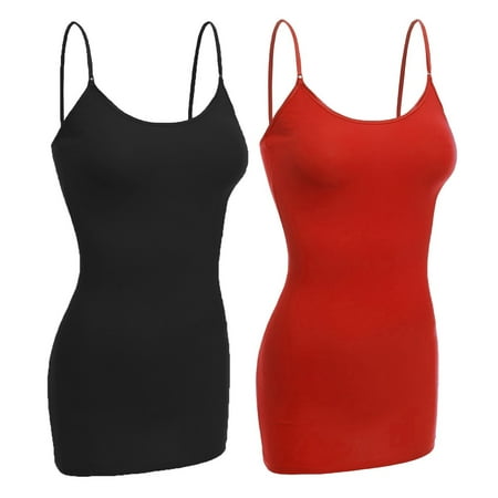 

Women & Juniors Basic Layering Built in Bra Spaghetti Strap Long Cami Top Tank