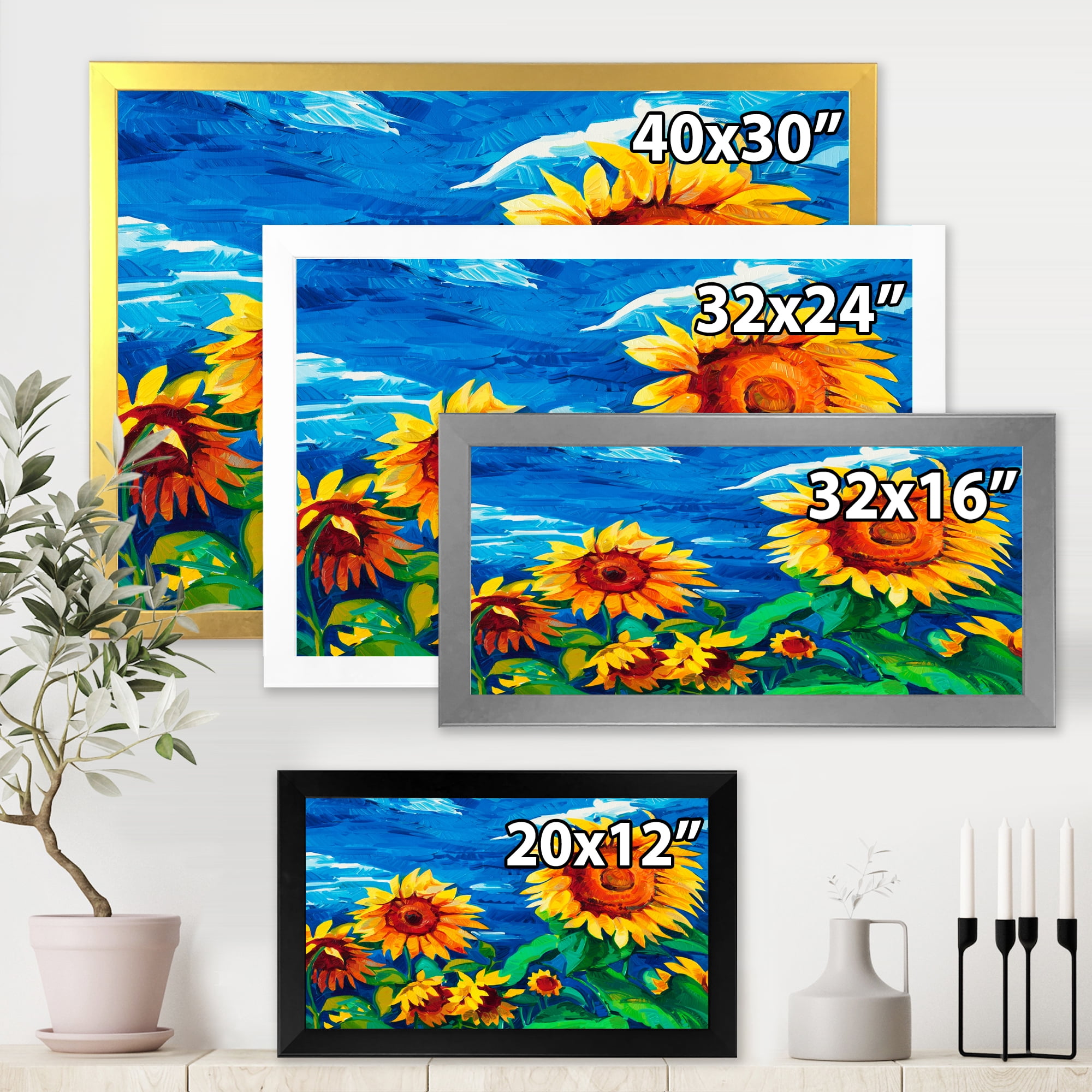 Designart 'Sunflowers Field Under A Bright Blue Sky' Traditional Framed Art Print