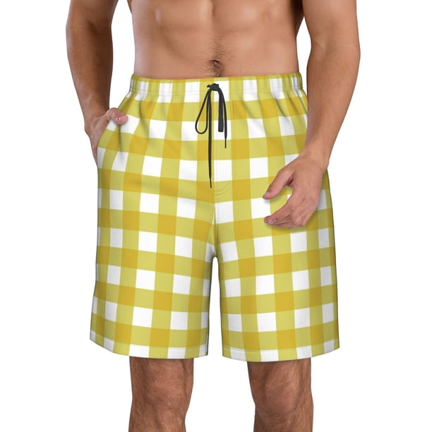 Fotbe Yellow Checkboard Trajes de Baño Estampados para Hombre, Shorts de Verano de Secado Rápido, Ropa de Playa, Bañadores-X-Large