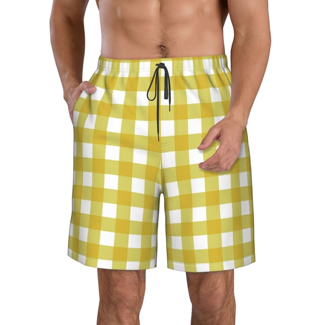 Sikiie Yellow Checkboard Print Men's Beach Shorts, High Elastic Quick-drying Shorts - with Drawstring and Slip Pockets, Suitable for Beach, Sports, Vacation-Medium