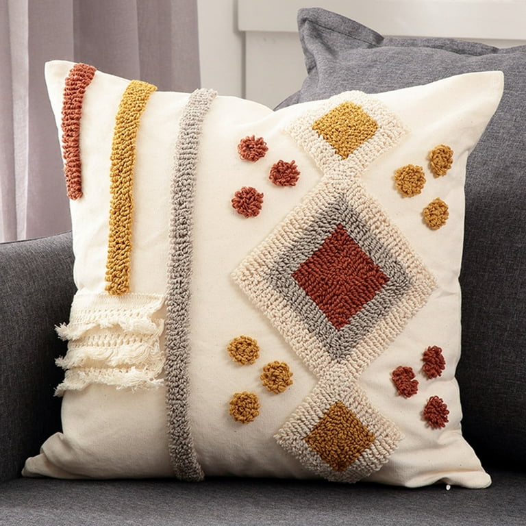 Tufted Embroidered Cushion Cover Boho Pillow Decorative Throw
