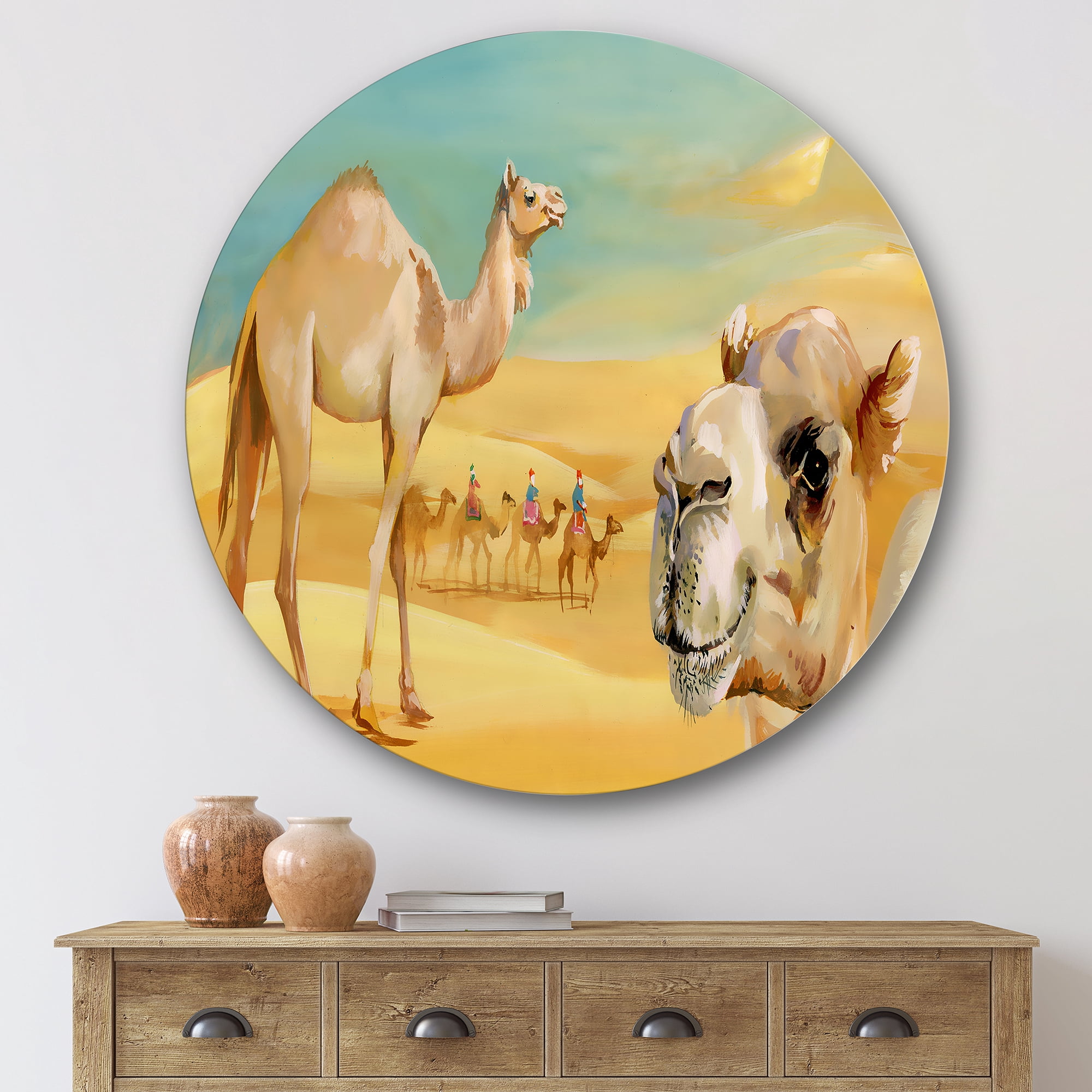 Designart 'Camels In Wild Desert II' Farmhouse Circle Metal Wall Art 29x29 - Disc of 29