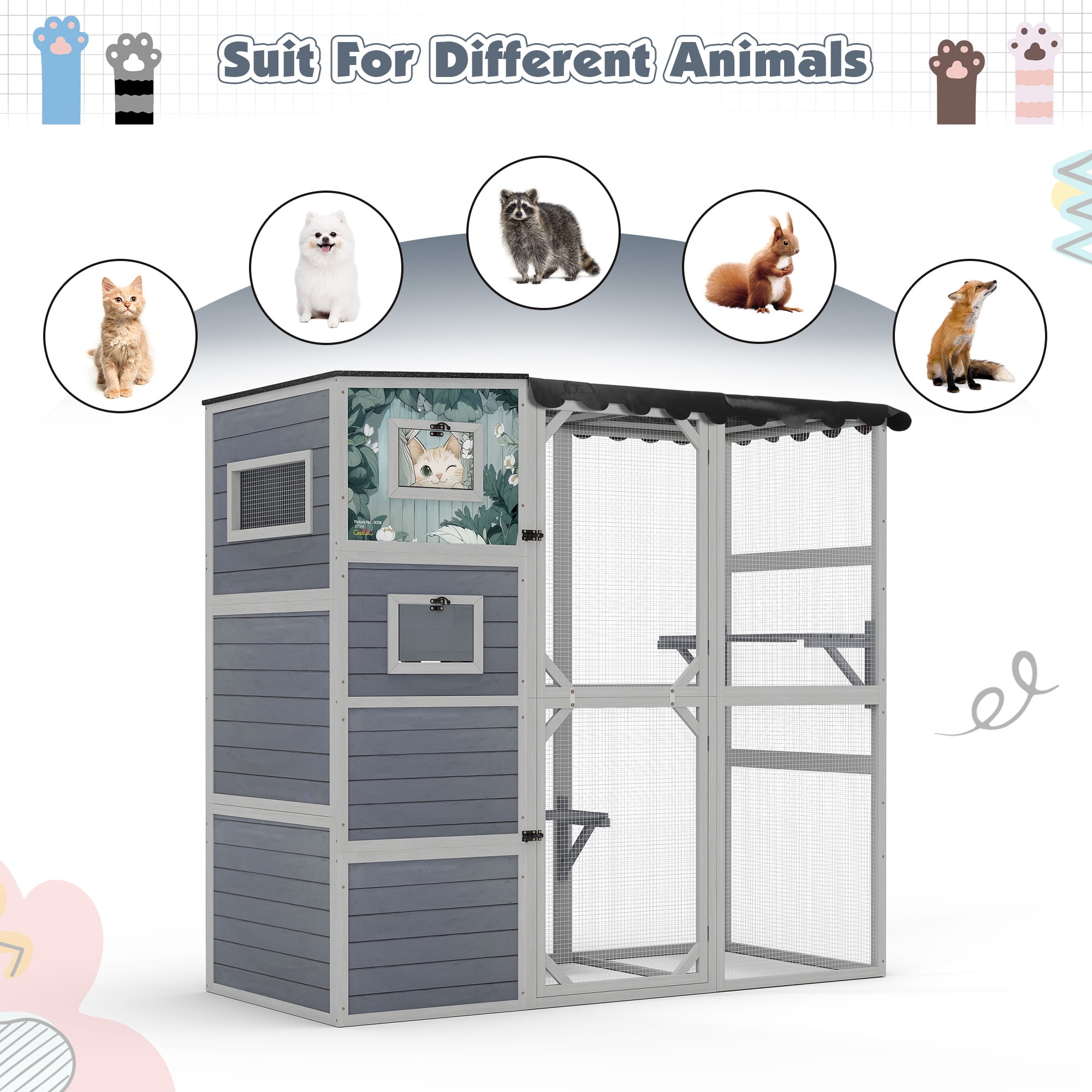 COZIWOW Wood  Cat House Catio Outdoor Enclosure, 2 Resting Condos, 2 Platforms, 4-Tier Cat Play Cage, Gray with Pattern