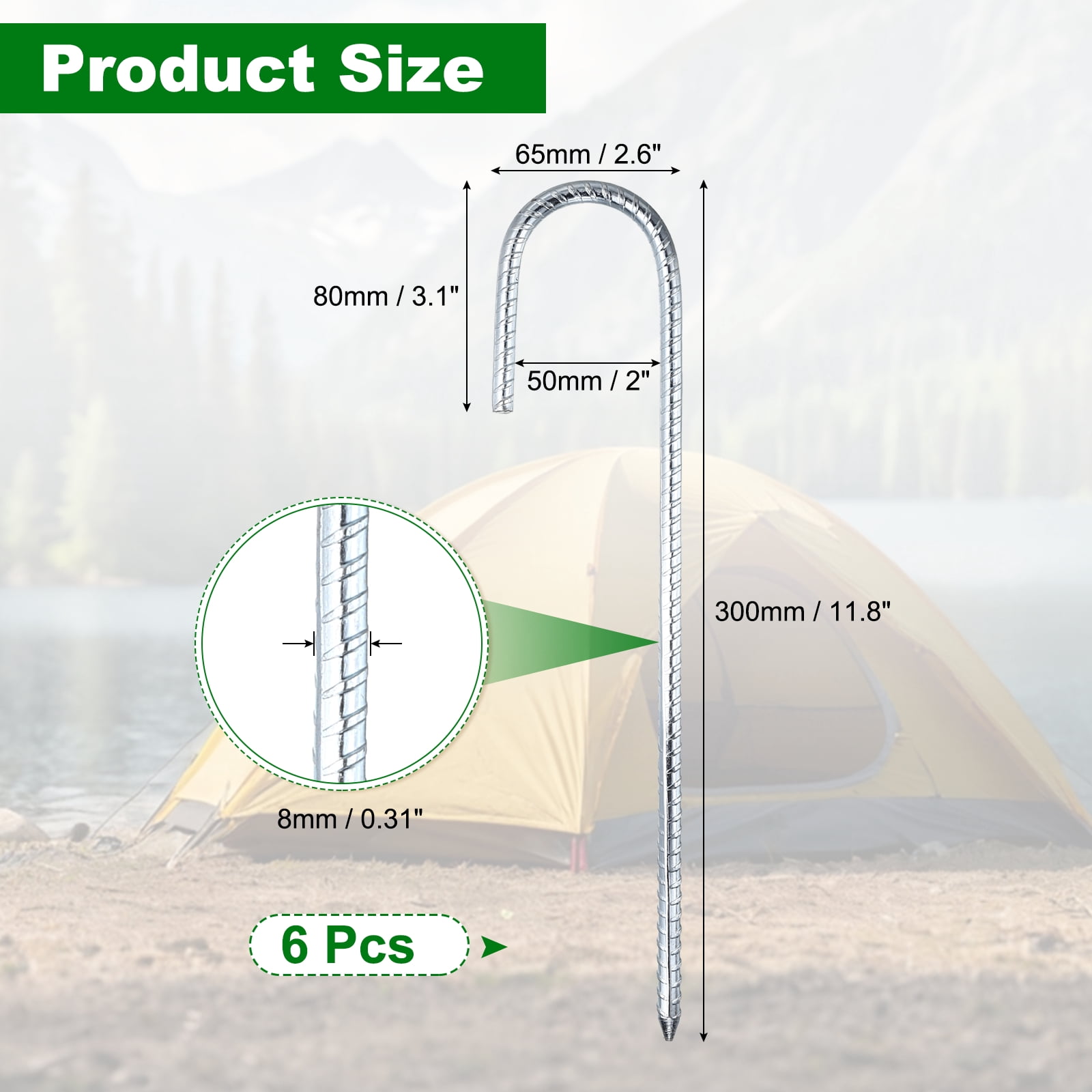 8 Pack Ground Stakes Heavy Duty J Shaped Stakes, 12 Inch Steel Tent Pegs 0.31" Dia J Hook Ground Anchors Link Fence Spikes with Chisel Point End for Garden Camping Gazebo, Silver