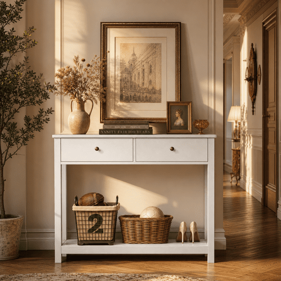 Aiho Narrow Console Table with 3 Drawers, Wooden Entryway Table with Outlets & USB Ports, White Long Sofa Table for Living Room, Hallway, Foyer