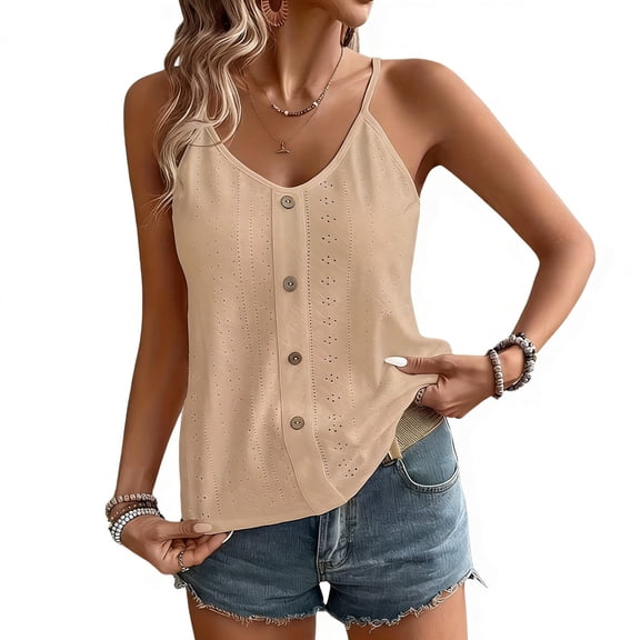 Tbopshirt Summer Camisole for Women Button Down Sleeveless Solid Color Round Neck Spaghetti Strap Adjustable Tank Tops Casual,L
